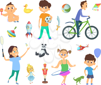 Children playing at different games and toys. Vector characters set in cartoon style. Child play with toys, character, girl and boy game illustration