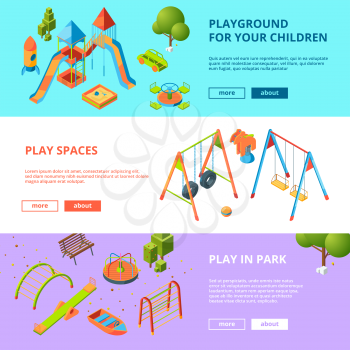 Horizontal banners set with isometric illustrations of kids playground. Design kids game and amusement vector