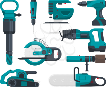 Construction electro tools for repair. Vector pictures in flat style. Screwdriver and equipment drill and power saw electric illustration
