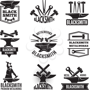 Black logos for blacksmith. Vintage labels set for workshop, forge and metal equipment hammer illustration