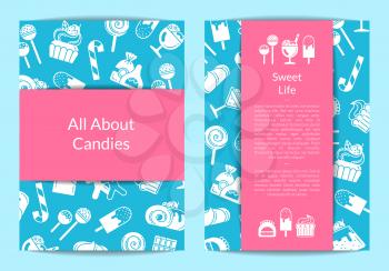 Vector card or flyer template for pastry or confectionary shop with flat style sweets icons illustration