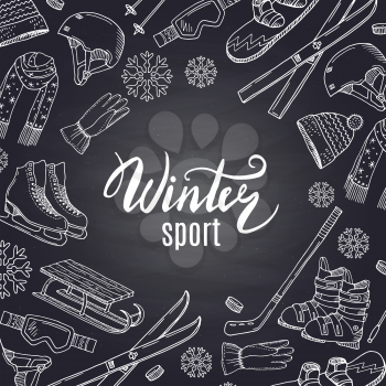 Vector hand drawn winter sports equipment and attributes on black chalkboard with place for text in center. Sport winter equipment sketch and doodle illustration