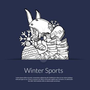 Vector hand drawn winter sports equipment and attributes in pocket illustration with place for text. Equipment ski snowboard, banner and poster