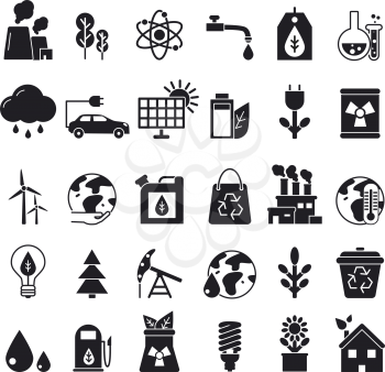 Monochrome icons set of ecology. Vector pictures renewable bio energy, solar panel and oil illustration