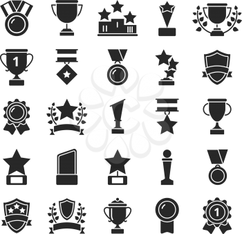 Monochrome pictures set of winner cups and sport trophies. Win and trophy award, sport prize, vector illustration