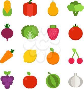 Vector flat illustrations of vegetables and fruits. Colored fruit orange and organic vegetable
