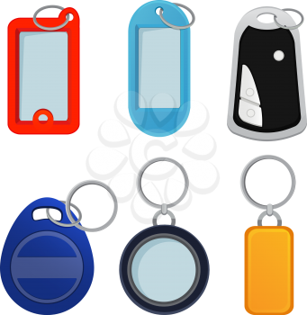 Illustrations of different keychains. Pictures in cartoon style. Trinket for souvenir or home doo key vector
