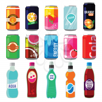 Illustration of different drinks in metallic cans and bottles. Vector pictures in retro style. Bottle aluminum with fresh energy beverage