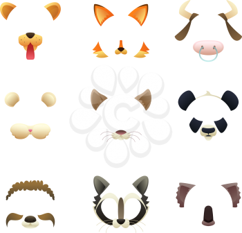 Masks of funny animals. Ears and nose. Vector pictures for photo or video filters. Mask cat and puppy, dog muzzle and mouse animal illustration