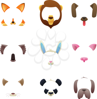 Animal faces for video or photo filters. Animal avatar mask with nose and muzzle, vector illustration