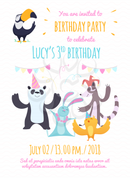 Design template of invitation to kids party. Illustrations of funny animals. Invitation to kids holiday with cartoon animal vector