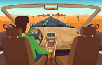 Man driving car. Cabriolet inside transportation, man in vehicle, vector illustration