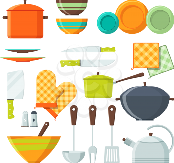 Bowl, fork and other kitchen tools in cartoon style. Kitchen fork and bowl, knife and kitchenware. Vector illustration