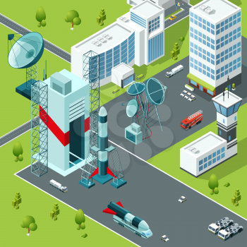 Launch pad of the spaceport. Isometric buildings and rocket launch, spaceship and shuttle. Vector illustration