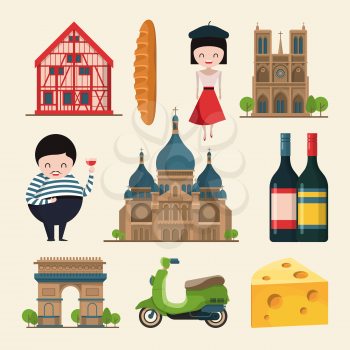 French landmarks. Vector illustrations in cartoon style. France paris travel, landmark city