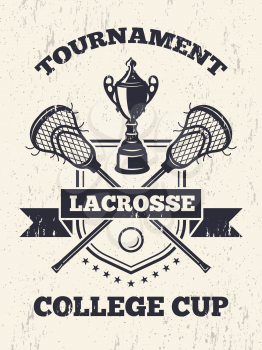 Retro poster of lacrosse theme in sport college. Lacrosse tournament college cup banner vinyage style illustration