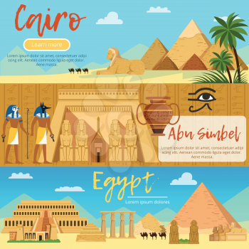 Horizontal banners of egypt landscape. Vector pictures set in cartoon style. Africa vacation and travel, egypt tourism poster illustration