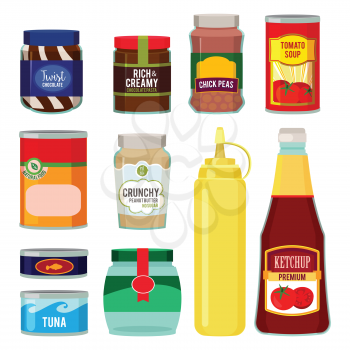 Illustrations of canned goods. Conservation of tomato, fish, vegetables and other foods. Vector food goods and conserve tomato soup