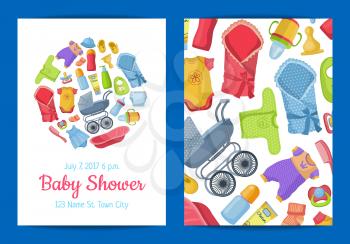 Vector baby shower invitation card template with baby accessories. Baby shower banner with accessories for birthday child illustration
