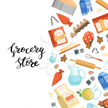 Vector cartoon cooking ingridients or groceries background illustration with lettering. Poster assortment soda and grocery nutritious