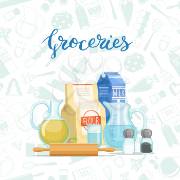 Vector cooking ingridients or groceries pile with lettering and monochrome flat style groceries background illustration