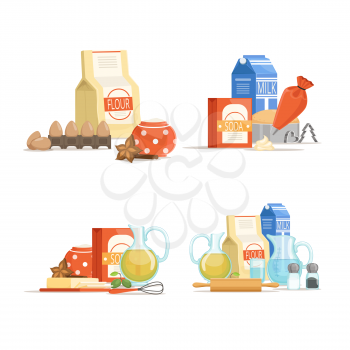 Vector cartoon colored cooking ingridients or groceries piles set illustration