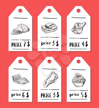 Vector tags with hand drawn monochrome meat elements. Food tag meat vintage drawing illustration