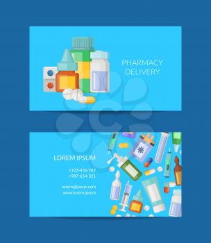 Vector pharmacy store or delivery business card or poster template illustration