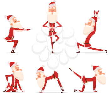 Santa yoga poses. Christmas winter holiday sport healthy character standing in various relax poses vector cute mascot isolated. Illustration of santa claus yoga