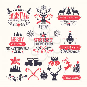 Christmas holiday labels. Vintage winter badges and logos with various snow new year vector elements and place for your text. Merry xmas logo, badge celebration, greeting holiday badge illustration