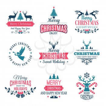Christmas elements. Holiday labels borders badges and vintage new year stamps vector wishes with your text. Seasonal winter badge logo, merry xmas and new year illustration