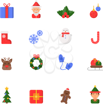 Christmas flat icons. Winter celebration vector symbols santa boots candles snowman bells and christmas tree isolated. Illustration of candy and snow, reindeer and snowflake