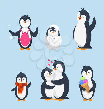 Funny pinguins in different action poses. Cartoon mascots isolate. Penguin animal bird character, happy penguin. Vector illustration