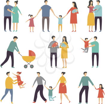 Stylized illustrations of happy family. Adults and kids. Vector family together father and mother