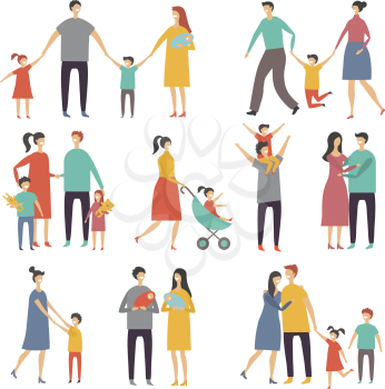 Mother father and childrens. Illustrations of happy family. Pictures of lifestyle. Vector family father and mother, boy and girl