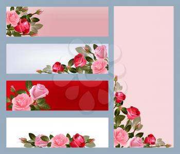 Red rose banners. Print template with illustrations of beautiful flowers vector pictures. Floral card template, banner for invitation with rose flower