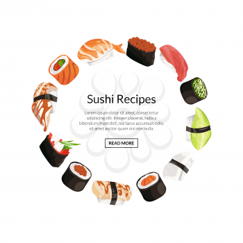 Vector cartoon sushi elements circle concept with place for text in center illustration