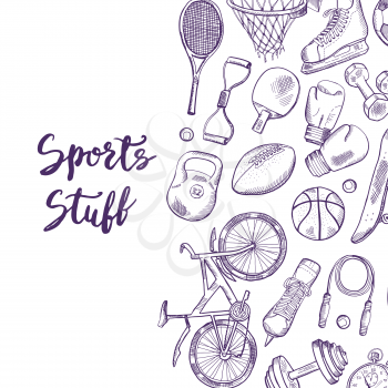 Vector hand drawn contoured sports equipment background illustration with place for text