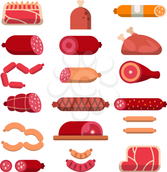Various products of butcher shop. Vector flat illustrations of meat. Butcher food, ham and sirloin