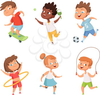Various kids in active sports. Vector characters isolate on white background. Illustration of sport boy and girl, kids skipping rope, playing ball