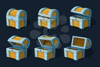 Various key frames animation of wooden chest or box. Vector cartoon pictures wood ancient box closed illustration