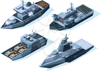 Isometric warships. Vector military boats. Illustration of warship military, ship and boat, vessel nautical with weapon for army