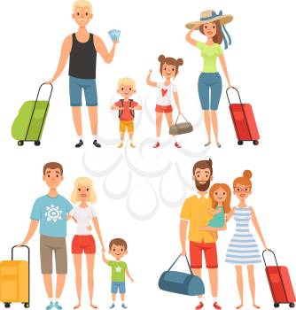 Family goes at summer vacations. Happy family travelling. Family vacation travel with luggage, vector illustration