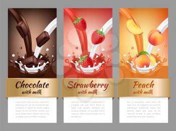 Fruits and chocolate splashes. Vector template of advertising banners or labels. Milk chocolate and fruit label sticker illustration