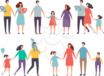 Male and female couples. Childrens and family couples characters isolate on white. Family mother father girl and boy, vector illustration
