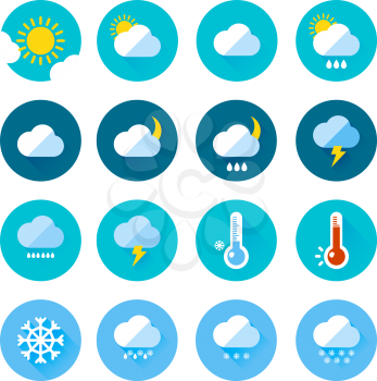 Colored weather icons in flat style. Different visualization of climate. Rainy and sunny days. Rain and sun symbol, vector climate temperature illustration