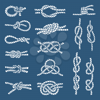 Different nautical knots and ropes on dark background. Vector illustrations isolate. Nautical knot rope and string, marine cord