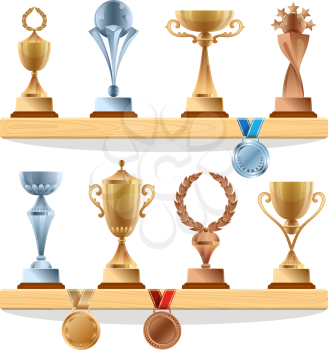 Trophy collections on the shelf. Golden, bronze and silver medals and cups. Vector awards set of sport prize cup, award first winner illustration