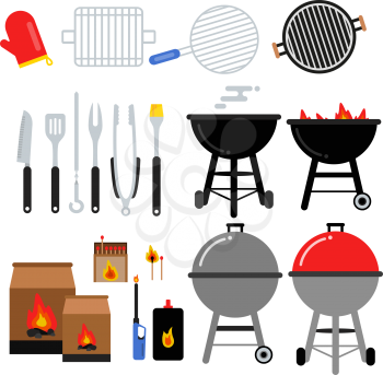 Flat illustrations set for bbq party. Different barbecue tools. Meat, grilling, knifes. Set of barbecue tools grill and fork vector