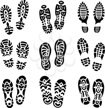 Different types of footprint. Monochrome vector illustrations. Black footprint silhouette, shoe trace of set